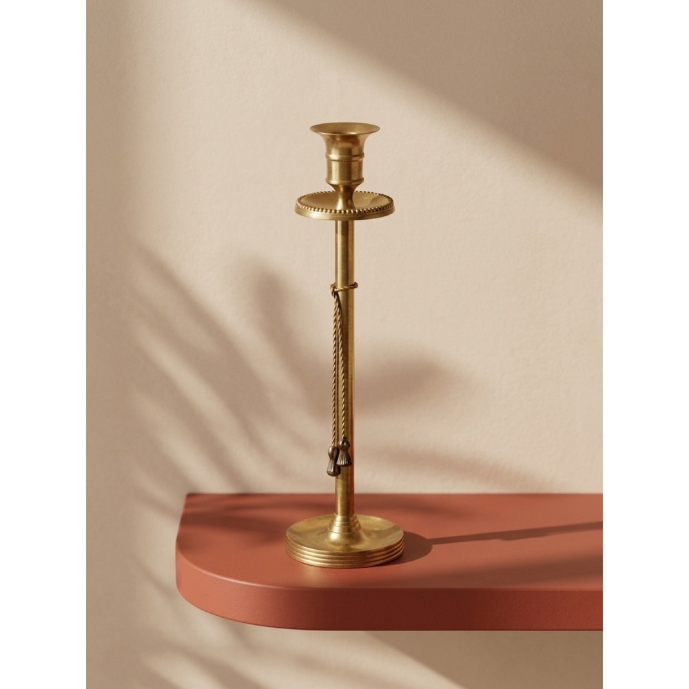Vintage Brass Candlestick Holder Tall Gold Taper Stand with Tassel Made in India